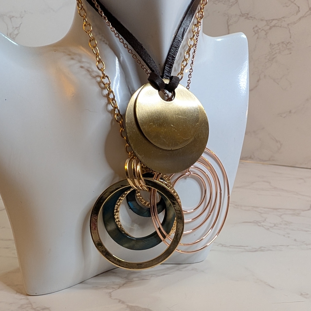 Multi-Ring Layered Pendant Necklace Collection - Gold & Rose Gold Tone